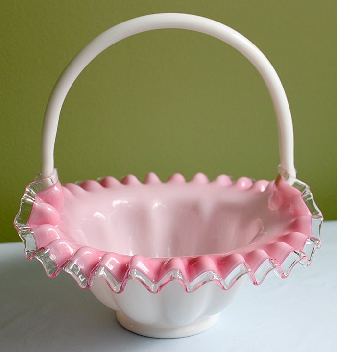 Milk Glass Basket. Large, Pinched Basket with Waffle Pattern, Embossed Circles, and Lacey Edge. Fruit Basket. Table Centerpiece.