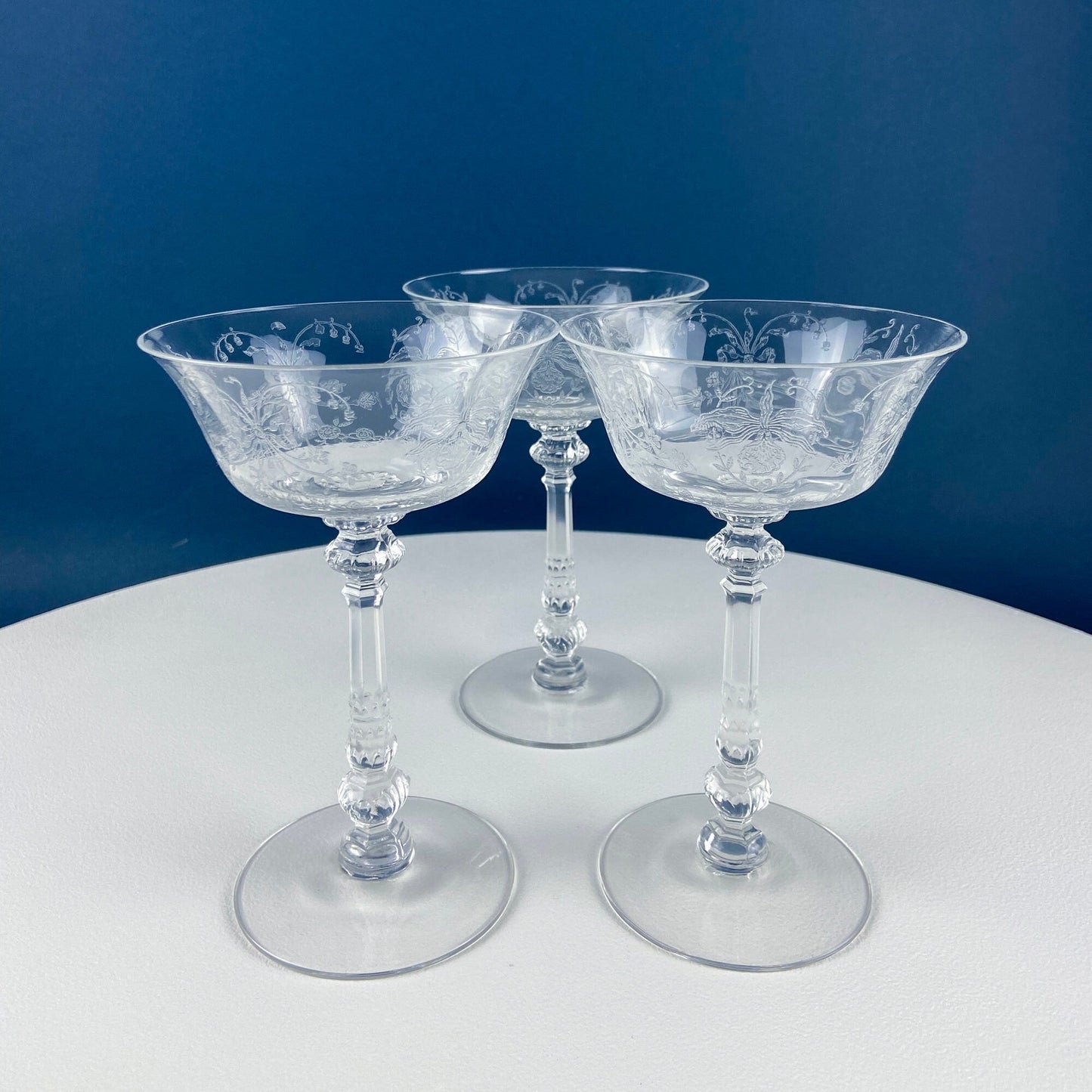 Heisey Champagne Stemware. Set of 6 Orchid Pattern Etched Crystal Glasses. Home Gift. Dining Room Decor. Collectible Glassware.