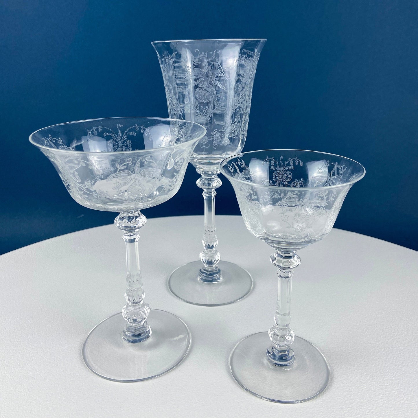 Heisey Champagne Stemware. Set of 6 Orchid Pattern Etched Crystal Glasses. Home Gift. Dining Room Decor. Collectible Glassware.