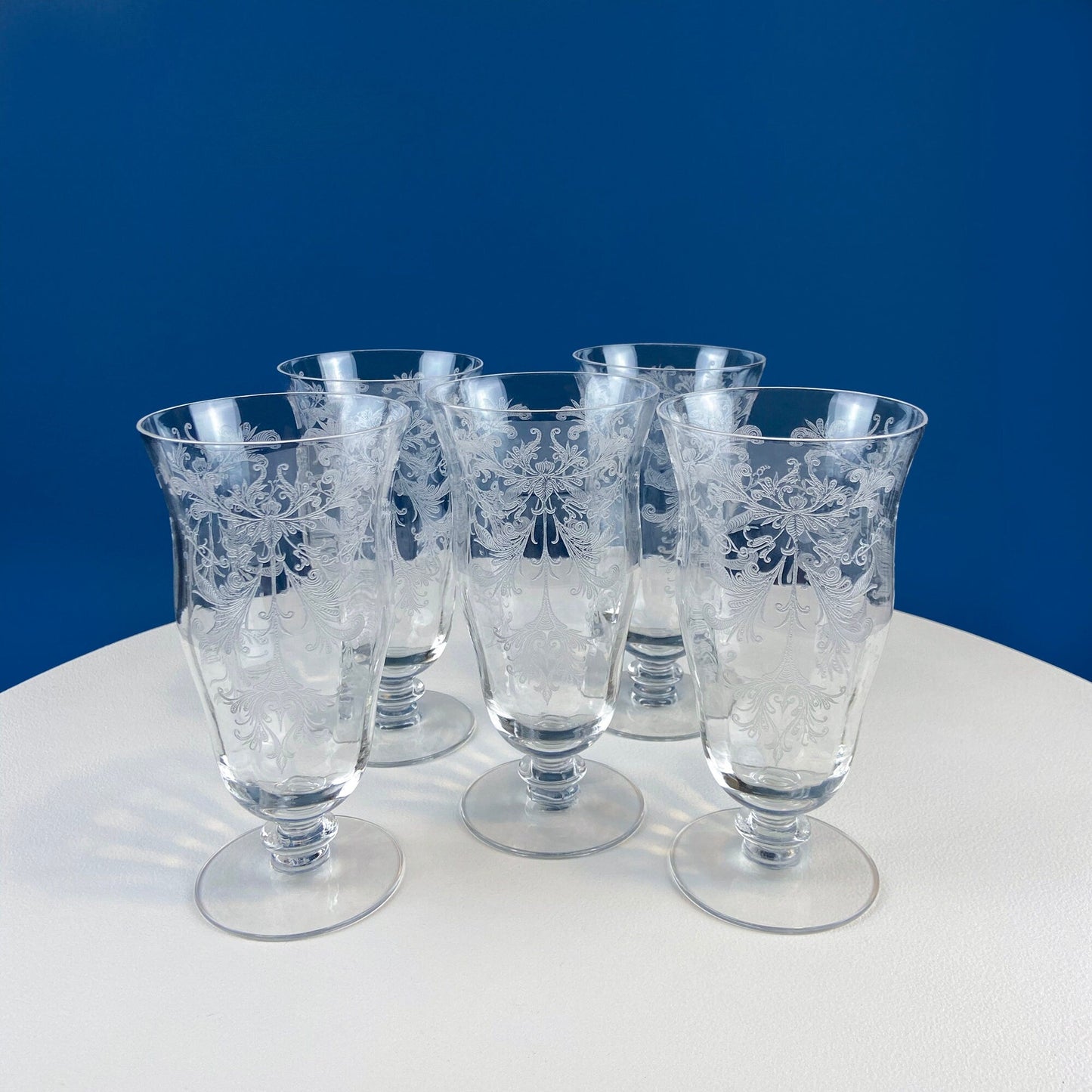 Tiffin Franciscan Juice Stemware with Etched Beautiful Cherokee Rose Pattern. Set of Five Juice or Water Glasses.