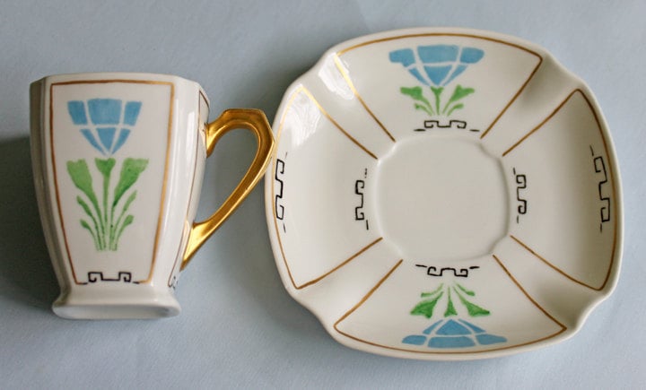 Porcelain Teacup Saucer Demitasse Set.  Square Shape with Rounded Corners. Hand Painted.