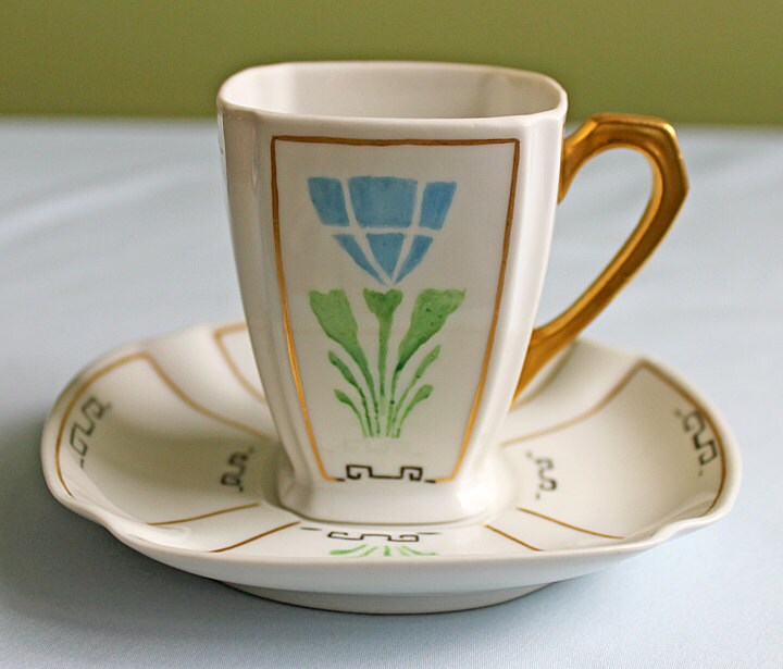 Porcelain Teacup Saucer Demitasse Set.  Square Shape with Rounded Corners. Hand Painted.
