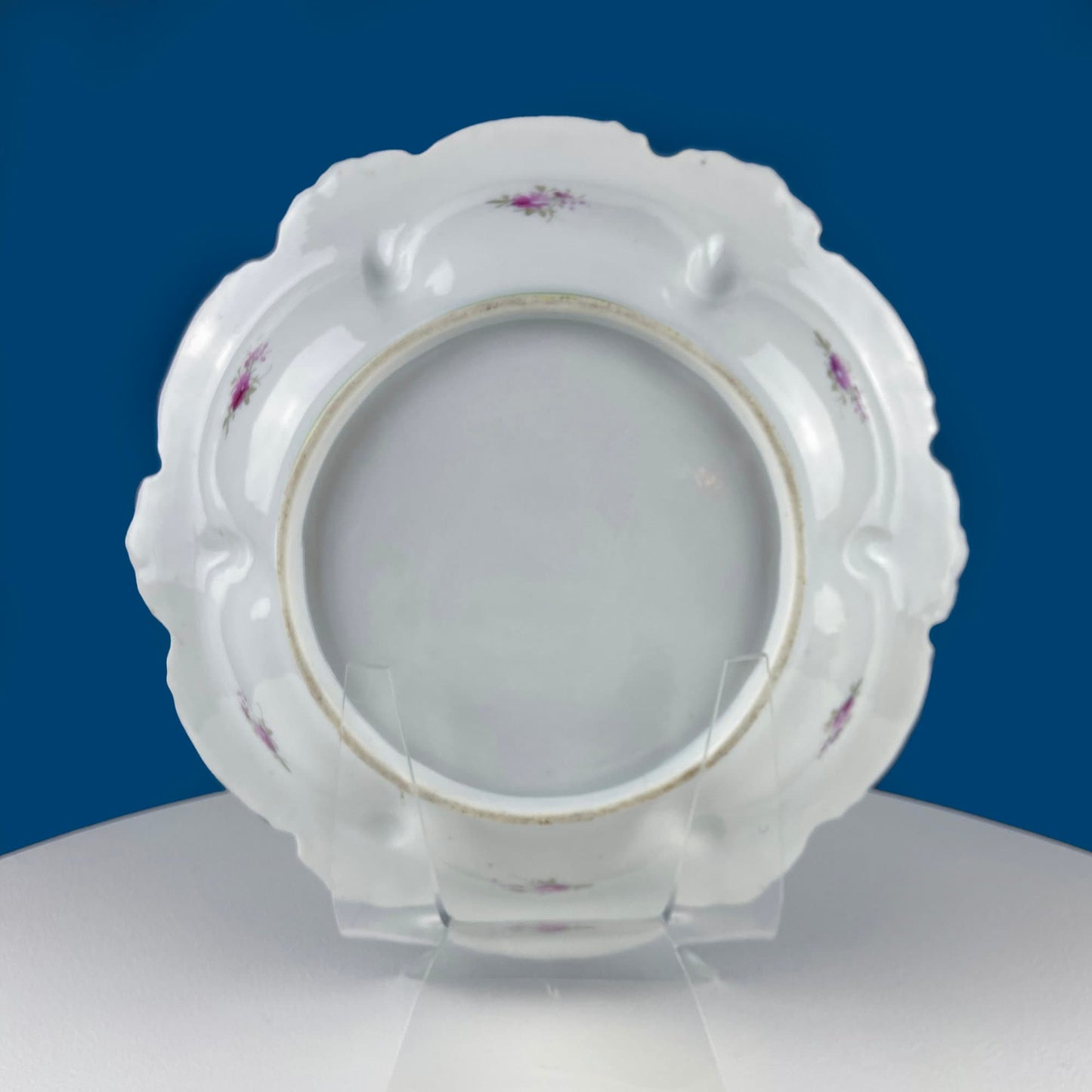 Stunning Antique Hand Painted Porcelain Bowl. Centerpiece Dish with Scalloped Edges. Gold Framework & Flowers. Dining Room Decor.