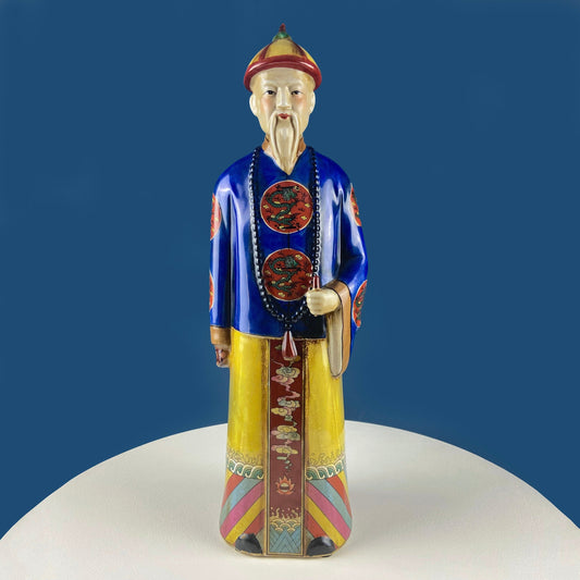 Large Vintage Chinese Figure of Qing Scholar of Calligraphy. Republic Period Crackle Glazed Ceramic Statuette. Asian Home Decor.