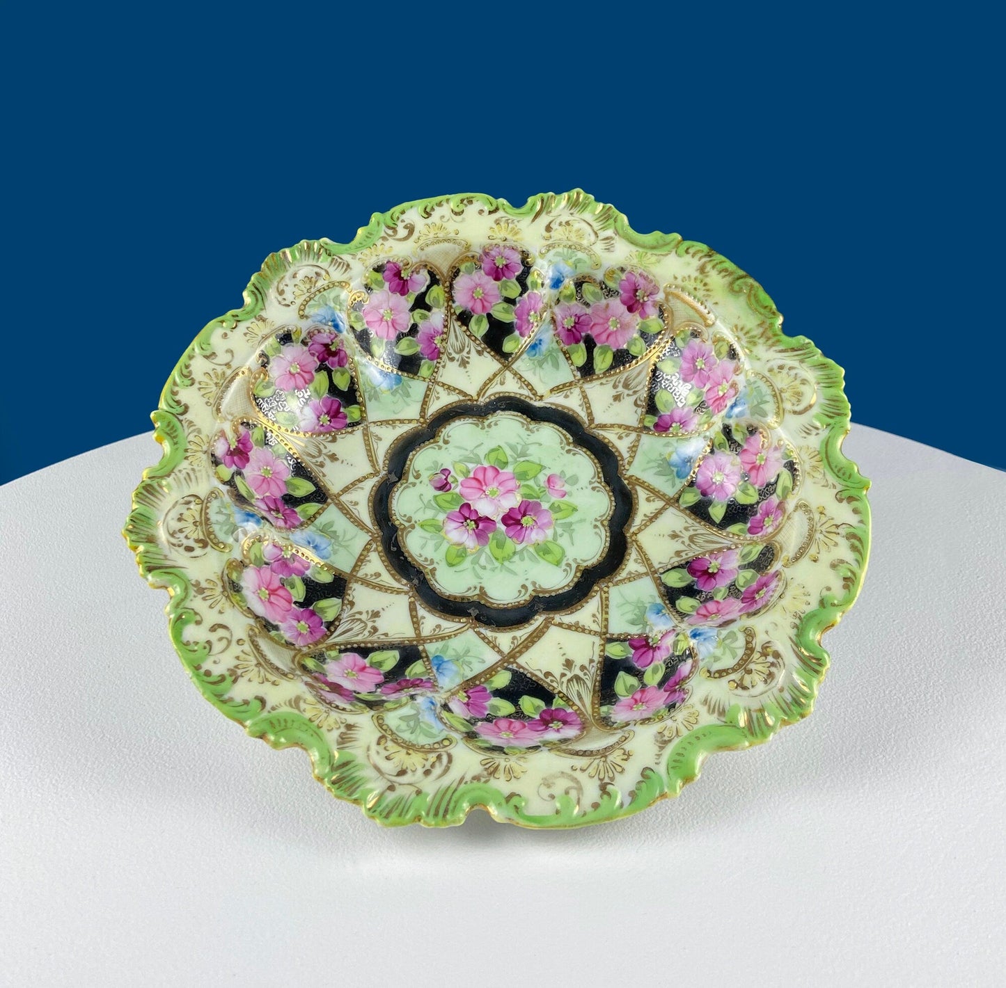 Stunning Antique Hand Painted Porcelain Bowl. Centerpiece Dish with Scalloped Edges. Gold Framework & Flowers. Dining Room Decor.