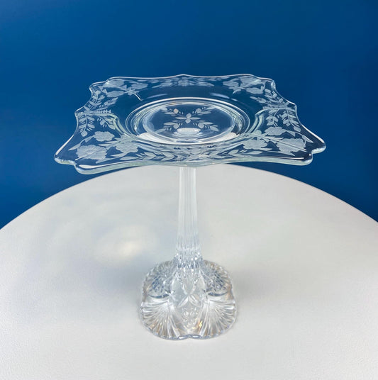 Vintage Etched Glass Compote. Floral & Geometric Design. Crystal Footed Serving Dish for Candy, Cupcakes, Nuts, or Fruit. Dining Room Decor.
