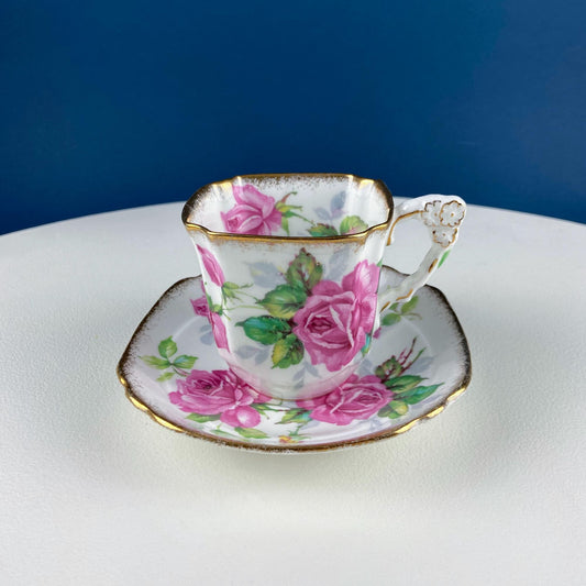 Square Tea or Coffee Cup with Bold Pink Roses and Floral Handle. Royal Stafford Berkeley Rose. Gift for a Romantic in Your Life.