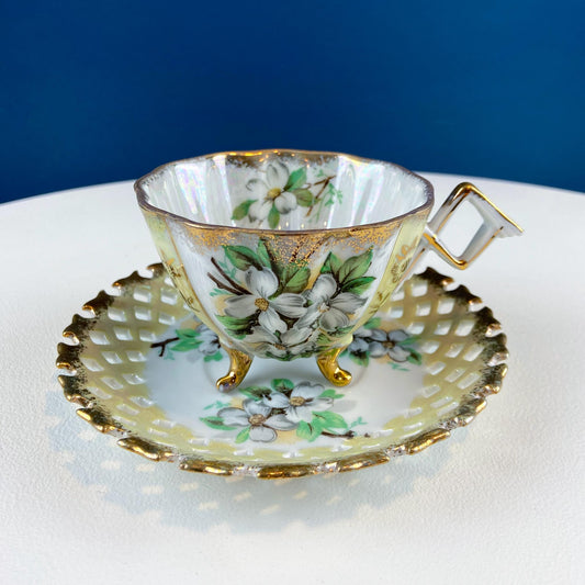 Vintage Iridescent Pearlescent Cup & Saucer. Light Yellow Reticulated Saucer. Jasmine Motif.  Dining Room Decor. Gift for Tea Lover.