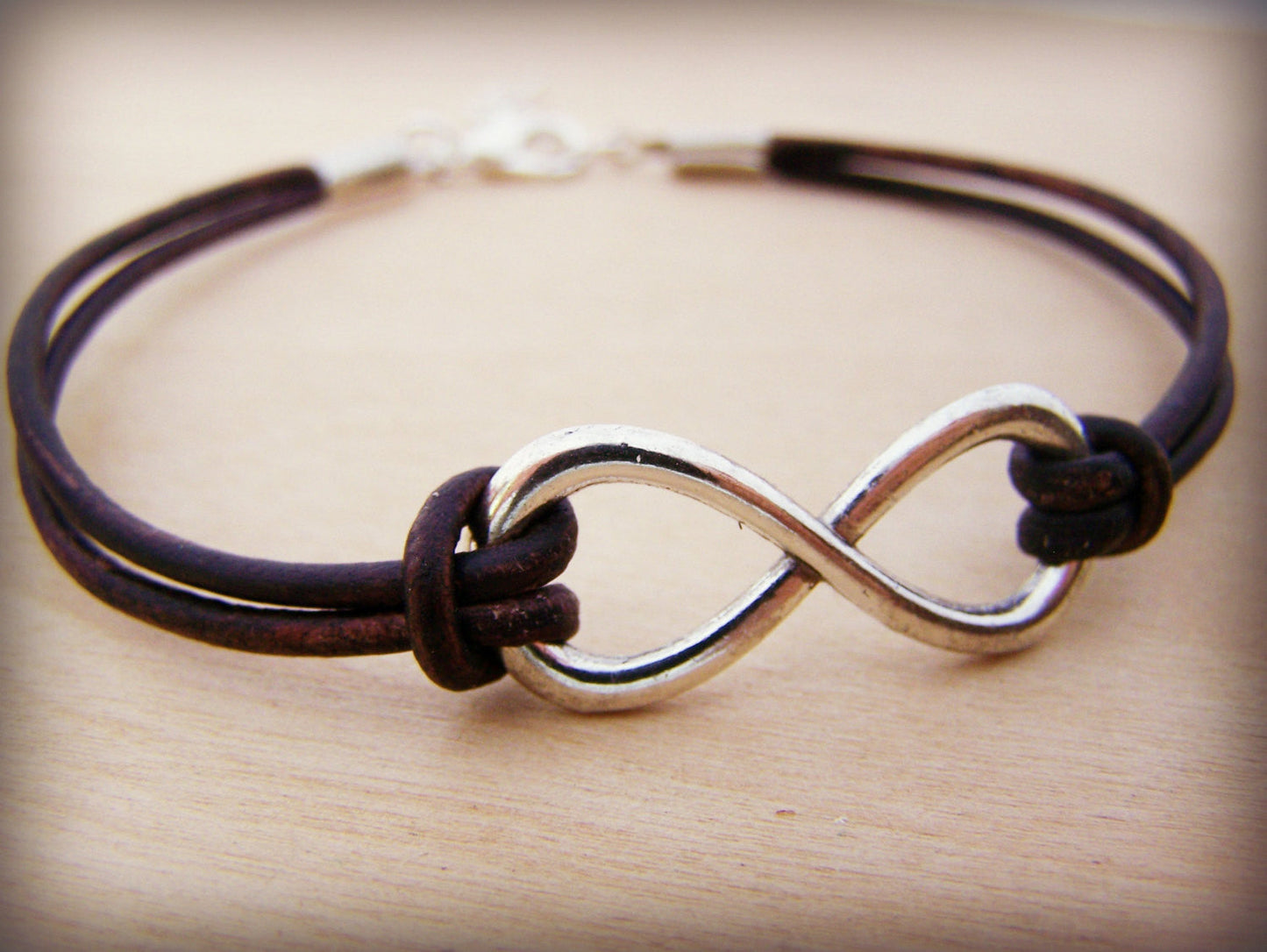 Mens Silver Infinity Brown Leather Bracelet  / Gift for Him