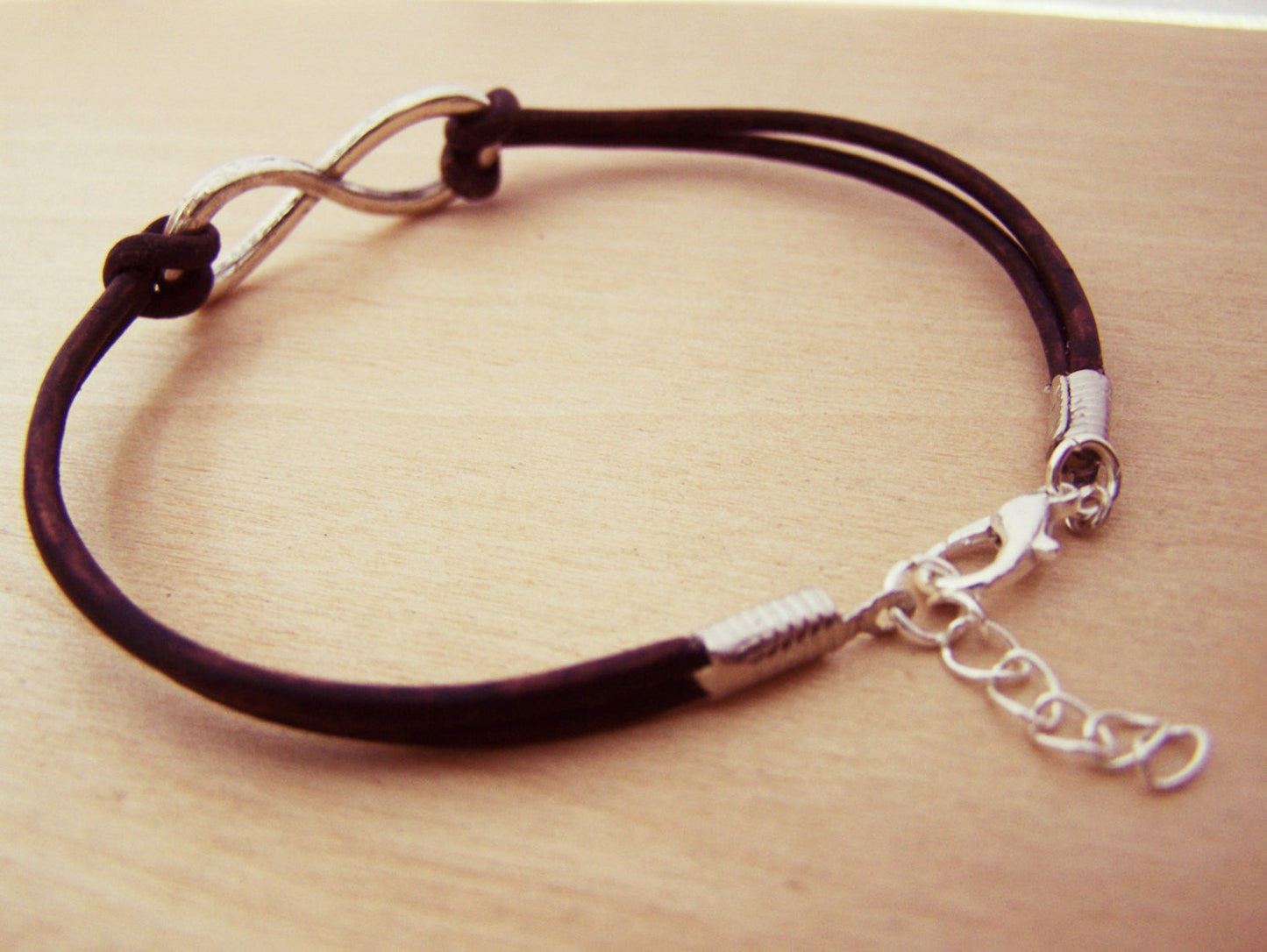 Mens Silver Infinity Brown Leather Bracelet  / Gift for Him