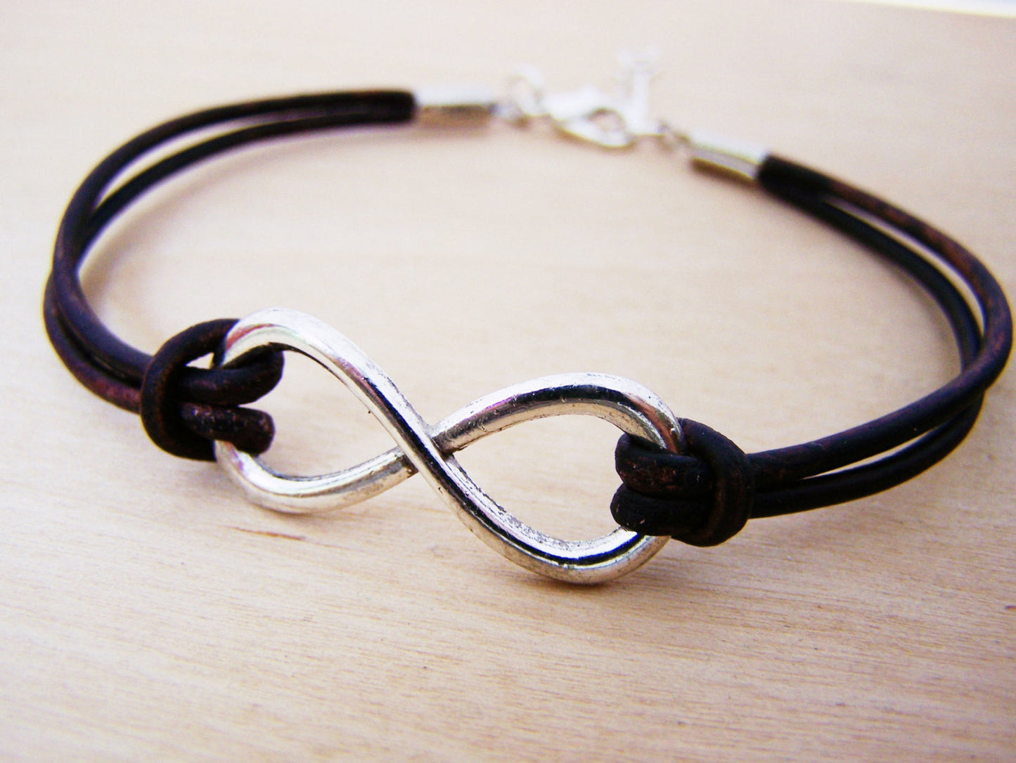 Mens Silver Infinity Brown Leather Bracelet  / Gift for Him