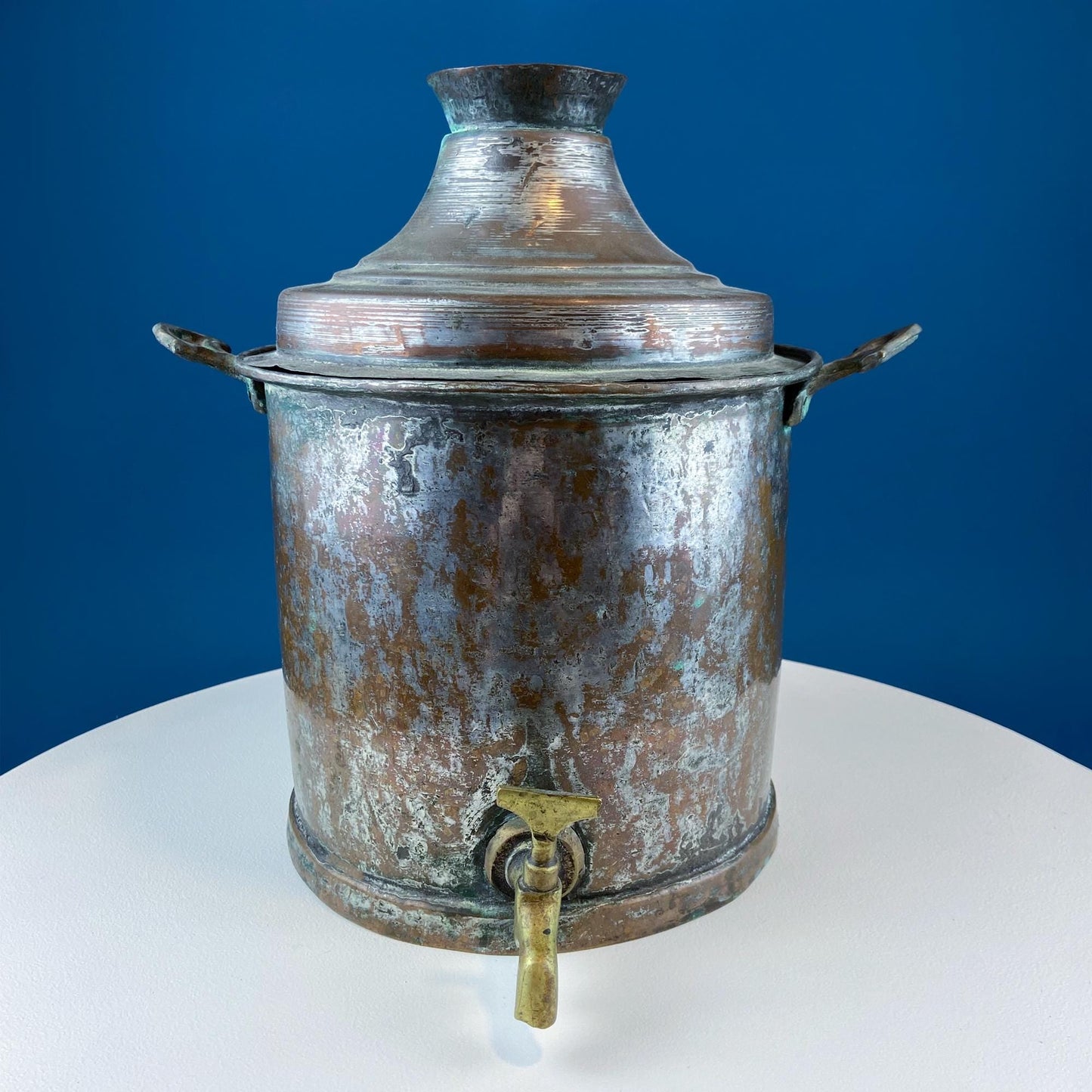 Hand Pounded Tin Copper Turkish Jug with Brass Spigot & Handles. Rustic Home Decor. Storage, Flower Pot, Ice Bucket or Art. Gift for Him.