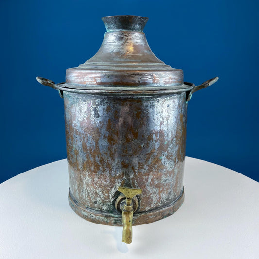 Hand Pounded Tin Copper Turkish Jug with Brass Spigot & Handles. Rustic Home Decor. Storage, Flower Pot, Ice Bucket or Art. Gift for Him.