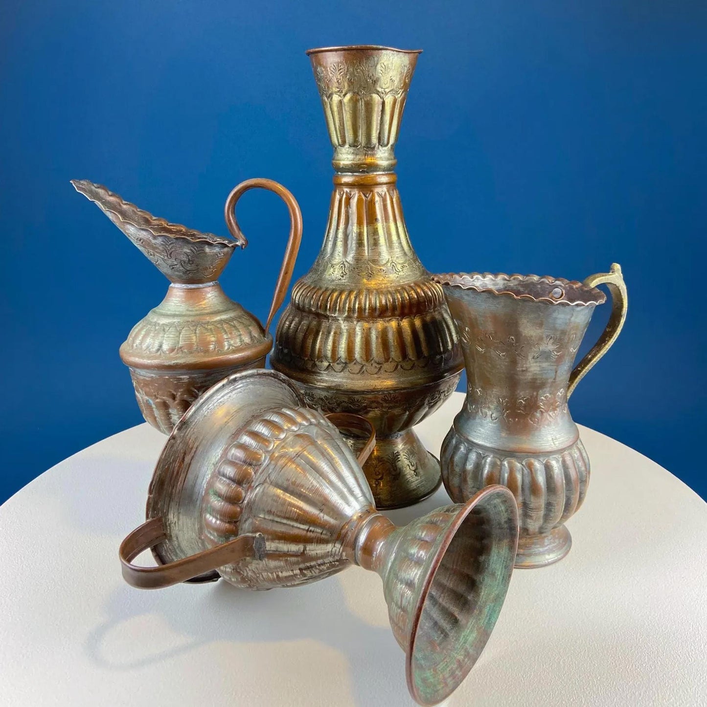 Hand Pounded Tin Copper Turkish Jug with Brass Spigot & Handles. Rustic Home Decor. Storage, Flower Pot, Ice Bucket or Art. Gift for Him.