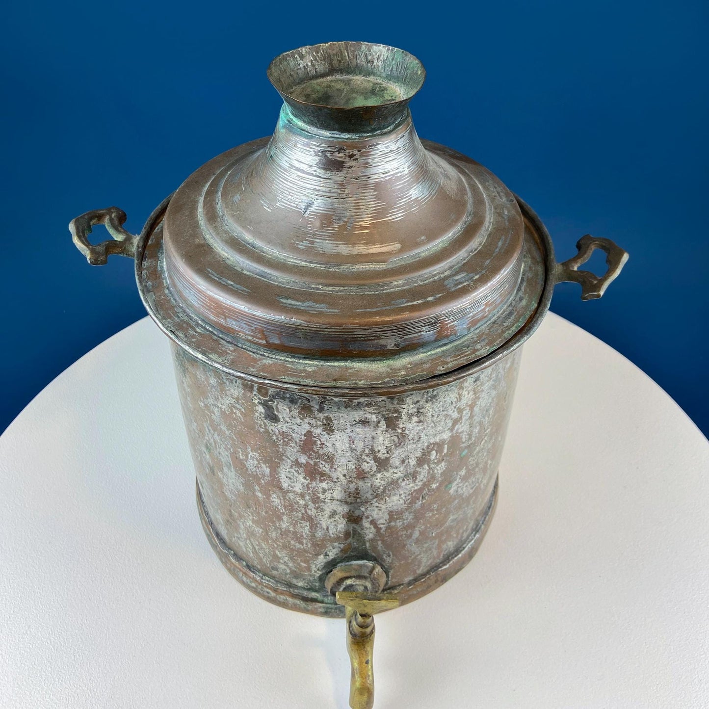 Hand Pounded Tin Copper Turkish Jug with Brass Spigot & Handles. Rustic Home Decor. Storage, Flower Pot, Ice Bucket or Art. Gift for Him.