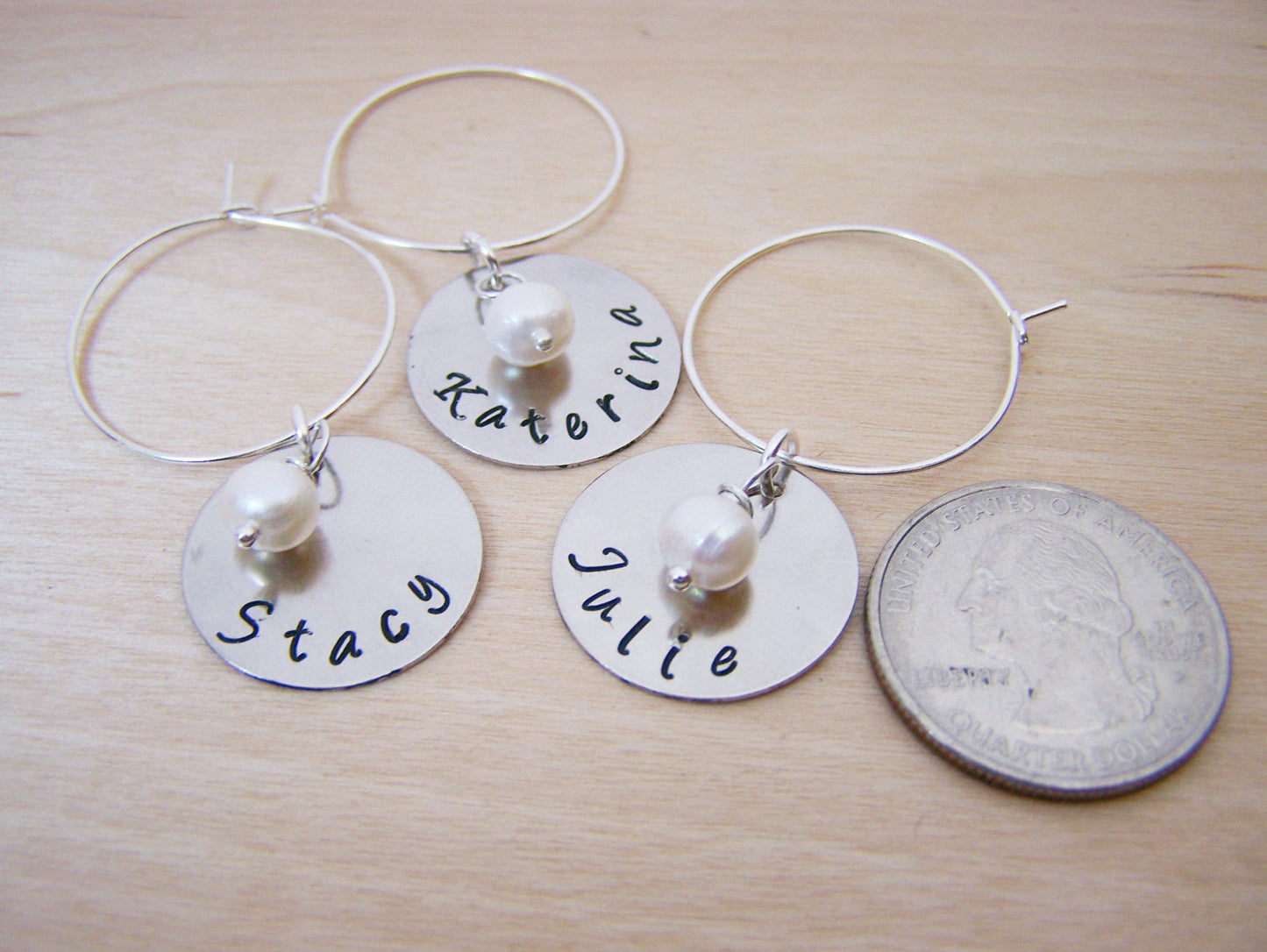 Hand Stamped Freshwater Pearl Wine Charms