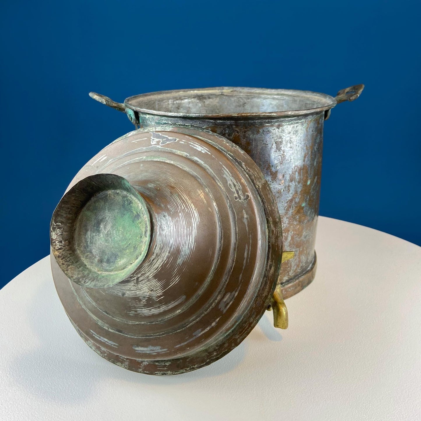 Hand Pounded Tin Copper Turkish Jug with Brass Spigot & Handles. Rustic Home Decor. Storage, Flower Pot, Ice Bucket or Art. Gift for Him.