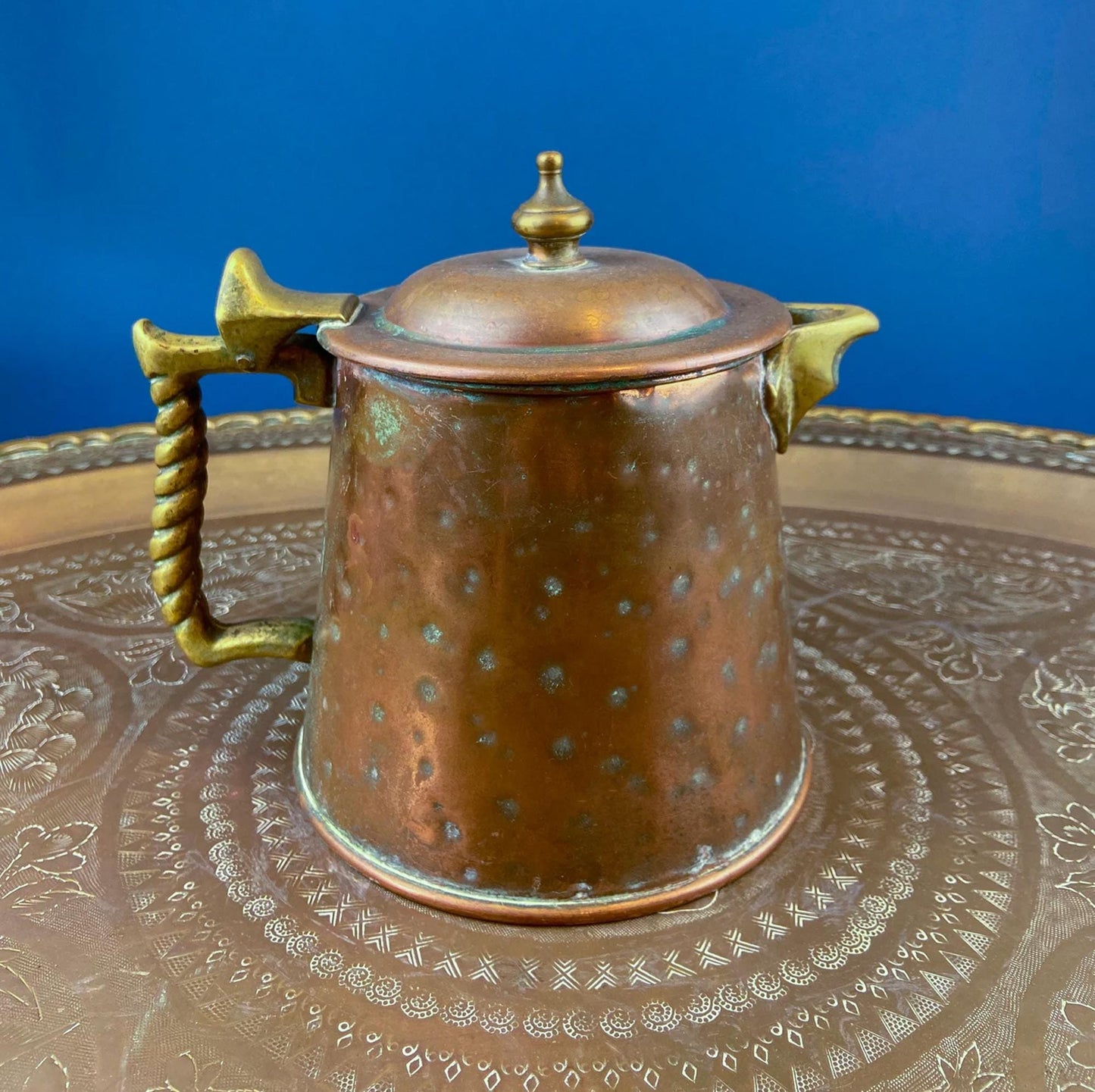Hand Pounded Tin Copper Turkish Jug with Brass Spigot & Handles. Rustic Home Decor. Storage, Flower Pot, Ice Bucket or Art. Gift for Him.