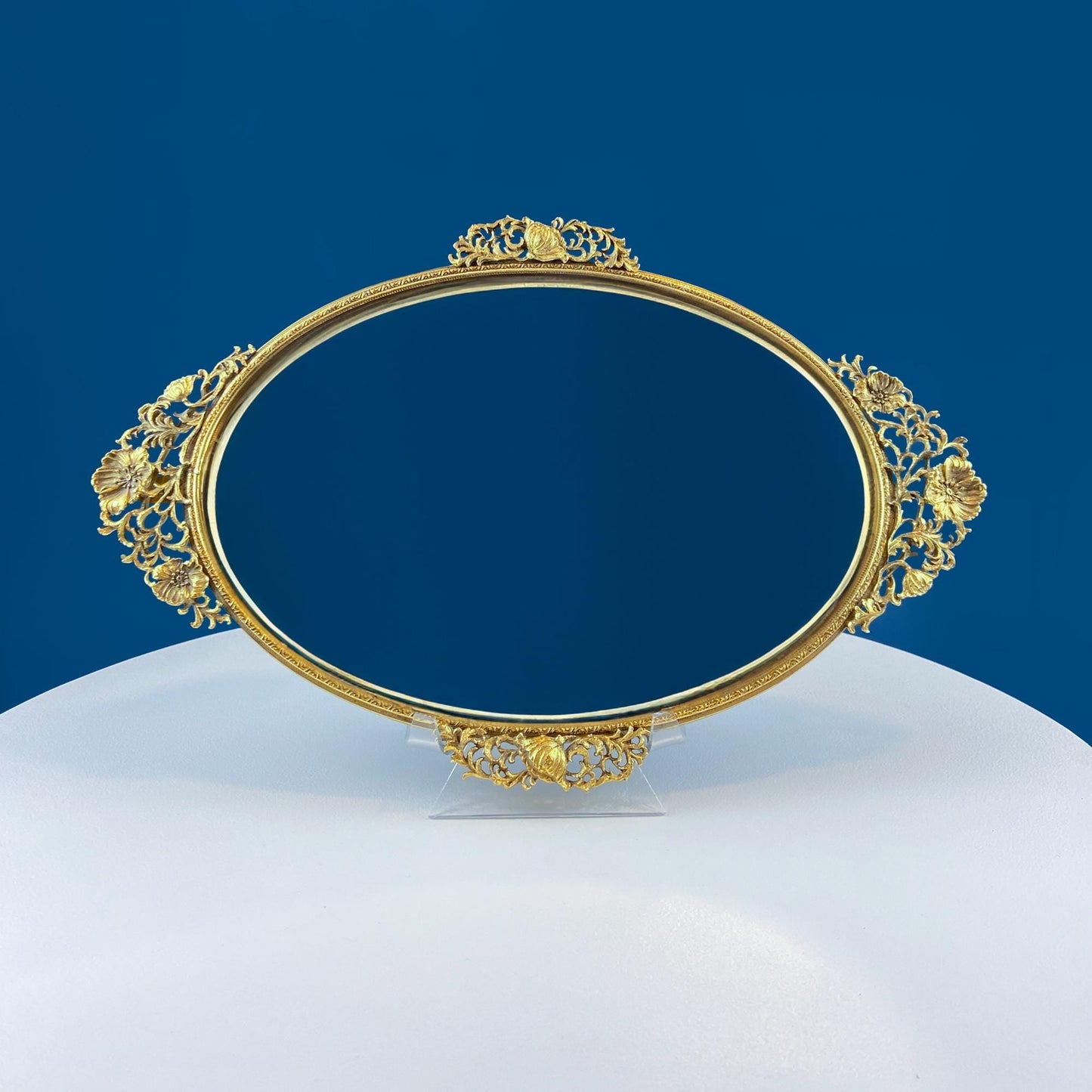 Vintage Large Gold Dresser Vanity Mirror Tray. Rich Gilded Metal Tea Rose Oval Frame. Chic Bedroom Bath Perfume Display. Wall Hanging.