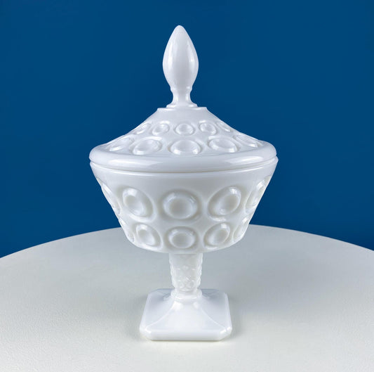 Vintage Milk Glass Footed Bowl with Lid. Circular Embossed Motif. White Bath Bedroom Vanity Storage. Dining Room Decor. Table Centerpiece.