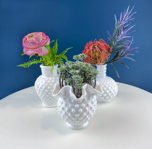 Collection of Vintage Milk Glass Hobnail Vases. Set of 3 Varying Shapes & Sizes. Home, Retail, Cafe Display. Modern Farmhouse. Gift for Her.