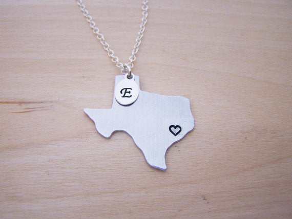 Hand Stamped Heart Initial Home State Sterling Silver Necklace - All 50 States Available