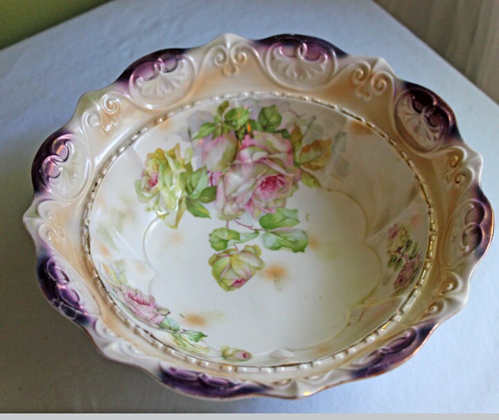 Antique Oval Bowl with Scalloped Intricate Rim ,  Bavarian Porcelain Bowl with Children Playing Images.