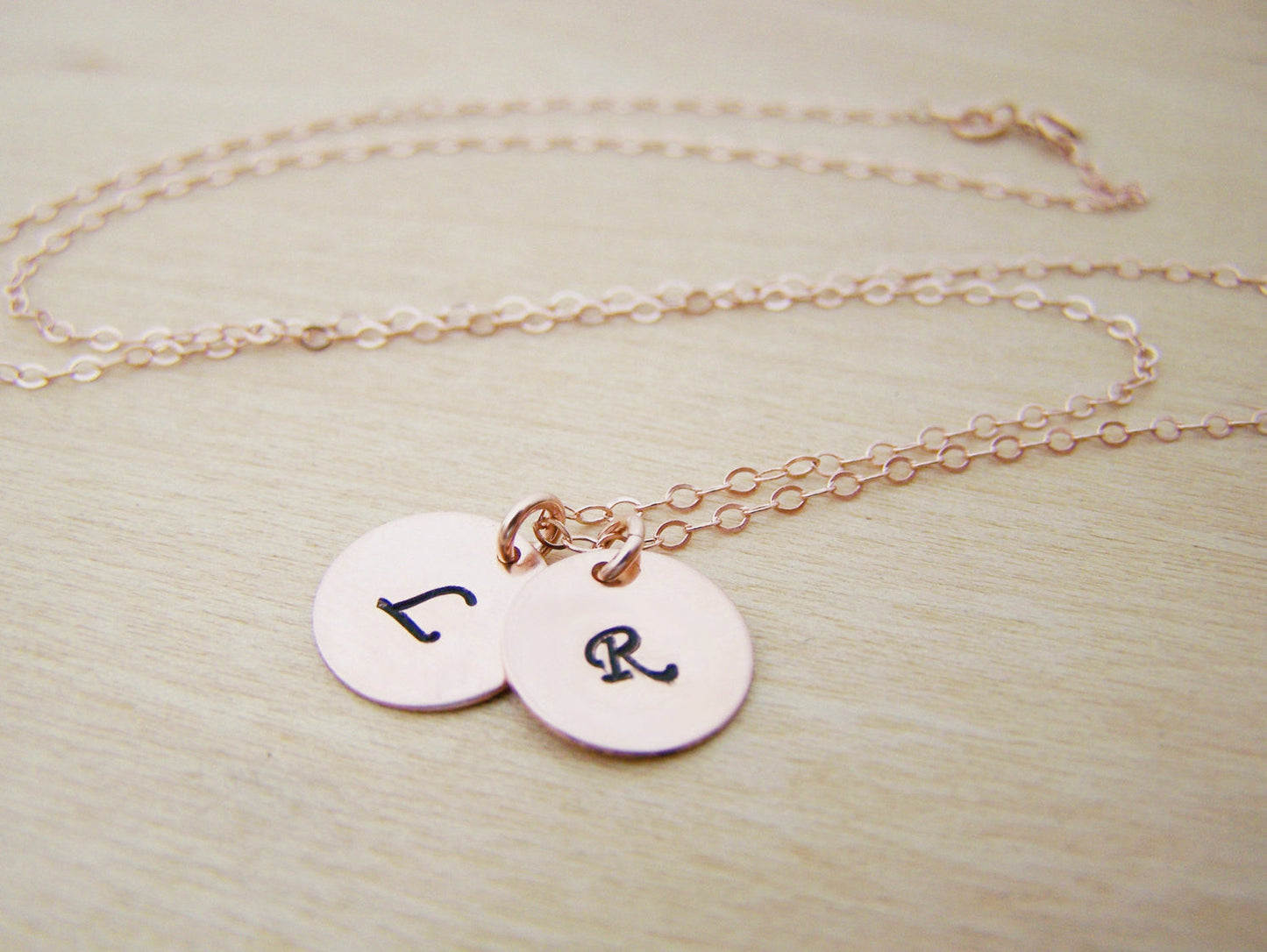 TWO INITIAL Disc Dainty Rose Gold Hand Stamped Initial Personalized Bridesmaid Necklace