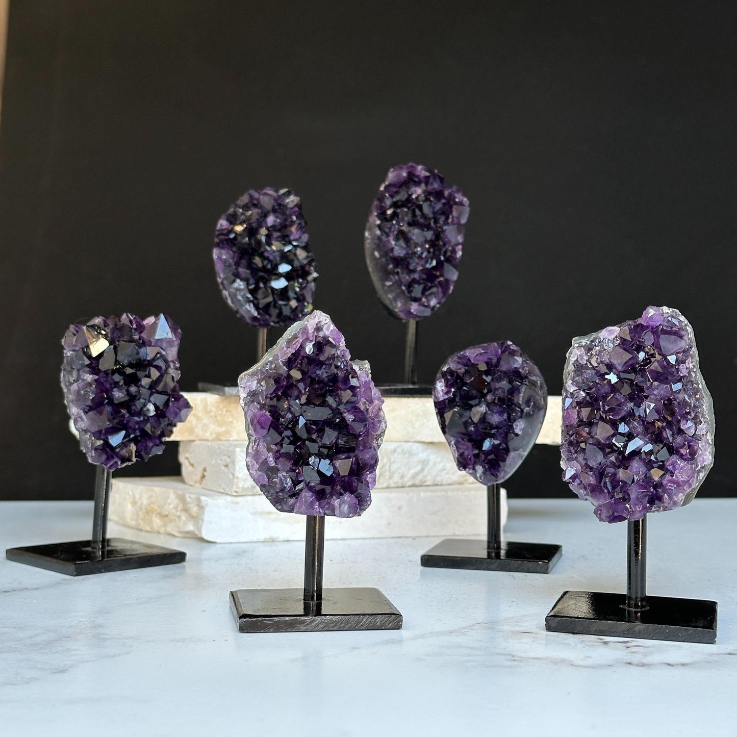 Amethyst on Stand SET, 4 in Crystals with metallic base, Unique home decoration, mineral formations, perfect gift for crystal lovers