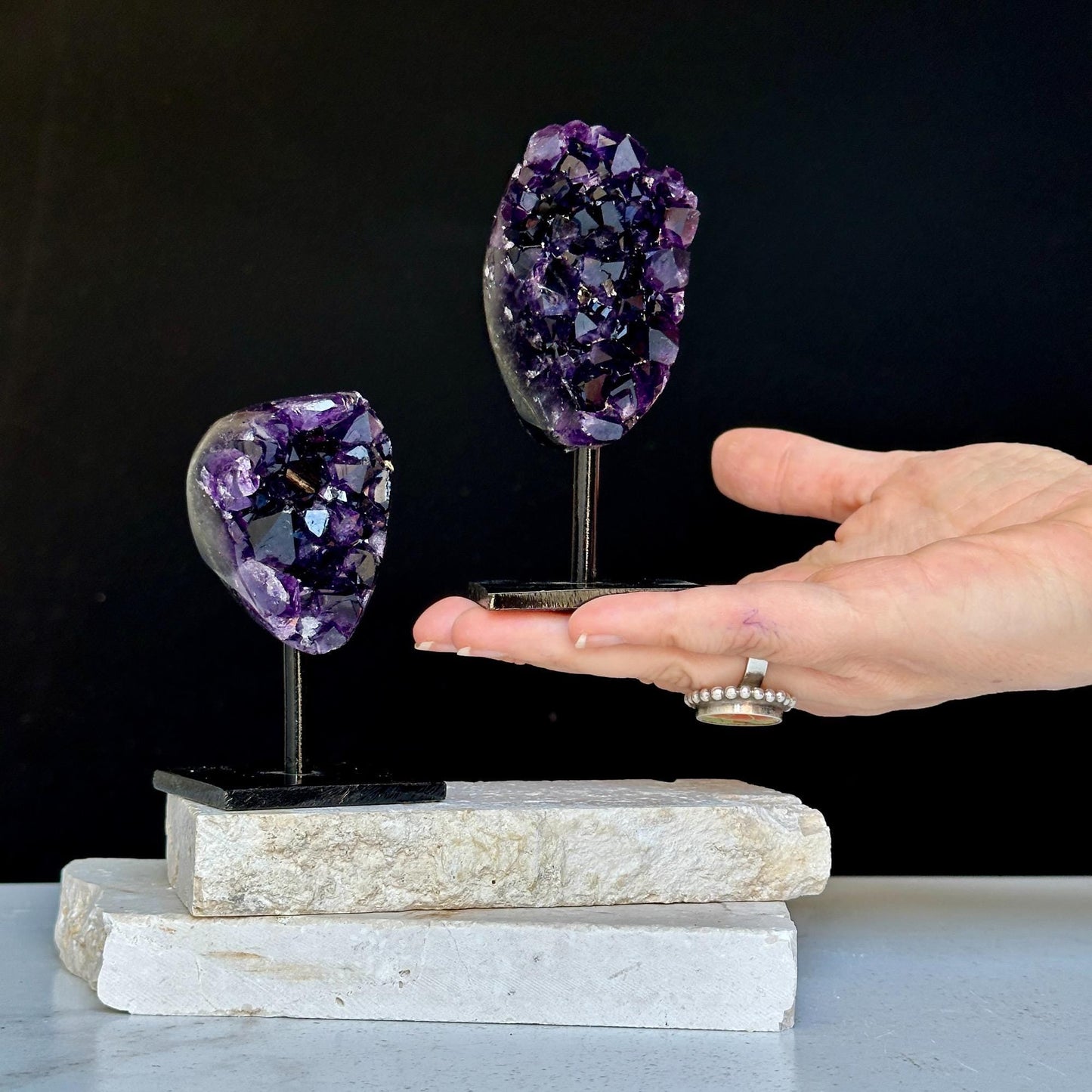 Amethyst on Stand SET, 4 in Crystals with metallic base, Unique home decoration, mineral formations, perfect gift for crystal lovers