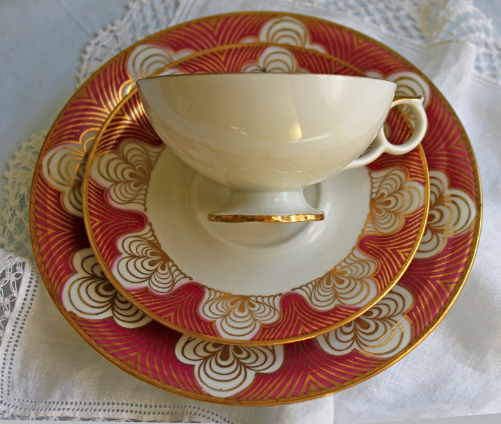Antique Bavarian Cup, Saucer and Dessert Plate by Elgenbein Porcelain. Gold and Red Floral Pattern. Dining Room Decor. Mid Century Modern.