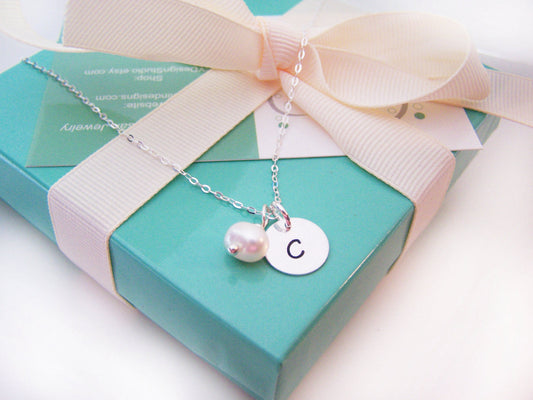 Bridesmaid Pearl Necklace – Sterling Silver Freshwater Pearl and Initial Charm Gift