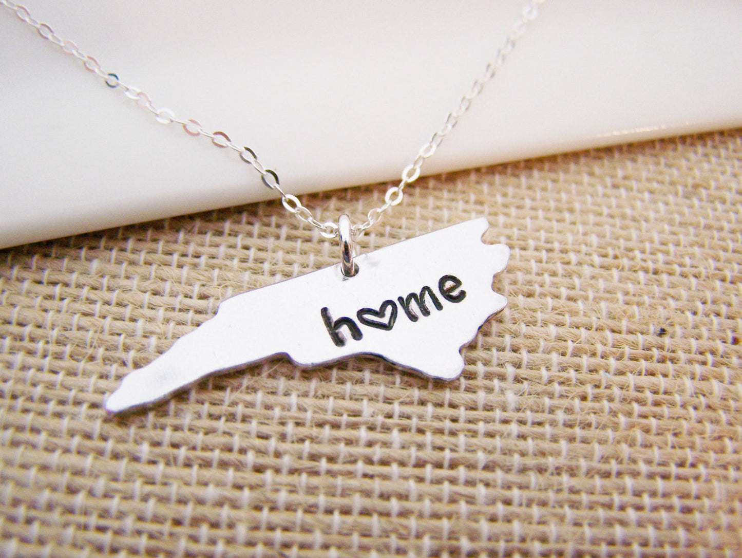 North Carolina Home State Hand Stamped Heart North Carolina State Sterling Silver Necklace