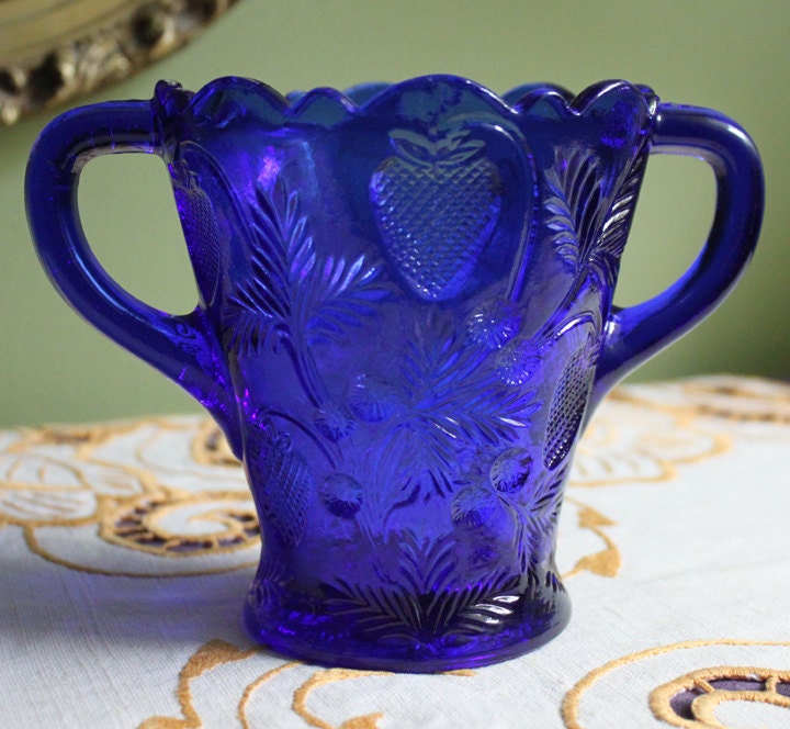 Vintage Blue Glass Footed Serving Bowl. 1960's Kings Crown Thumb Print Glass Jar with Ruffled Edge. Collectible Blue Glass Dish.