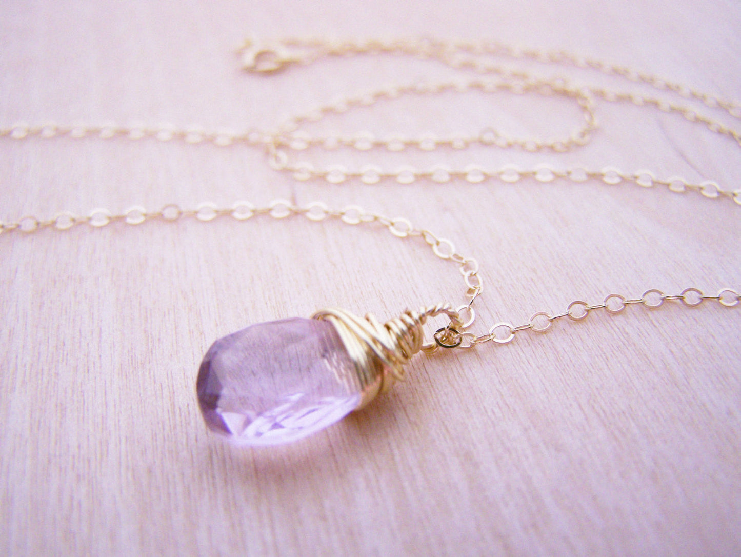 Light Amethyst Gemstone Wire Wrapped Briolette Teardrop Necklace - Gold Filled Necklace - June Birthstone - Pink Amethyst Necklace