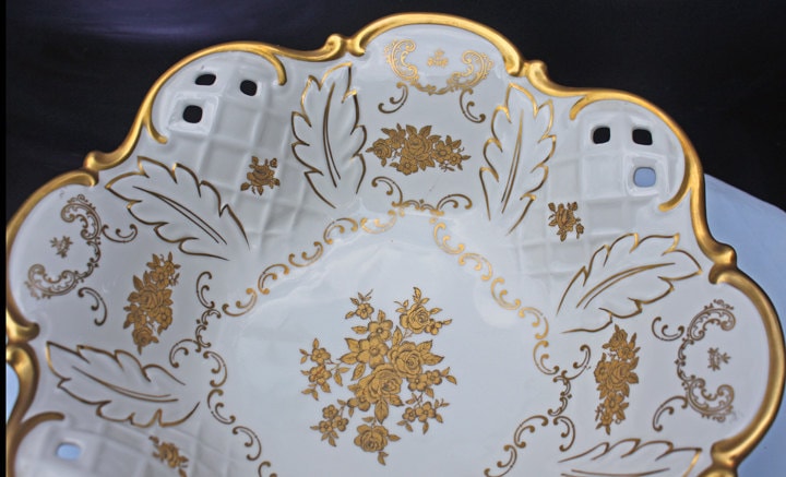 Bowl with Stand. Antique Intricate Hand Decorated Large Dish with Scalloped Rim and 22 Karat Gold Elements.