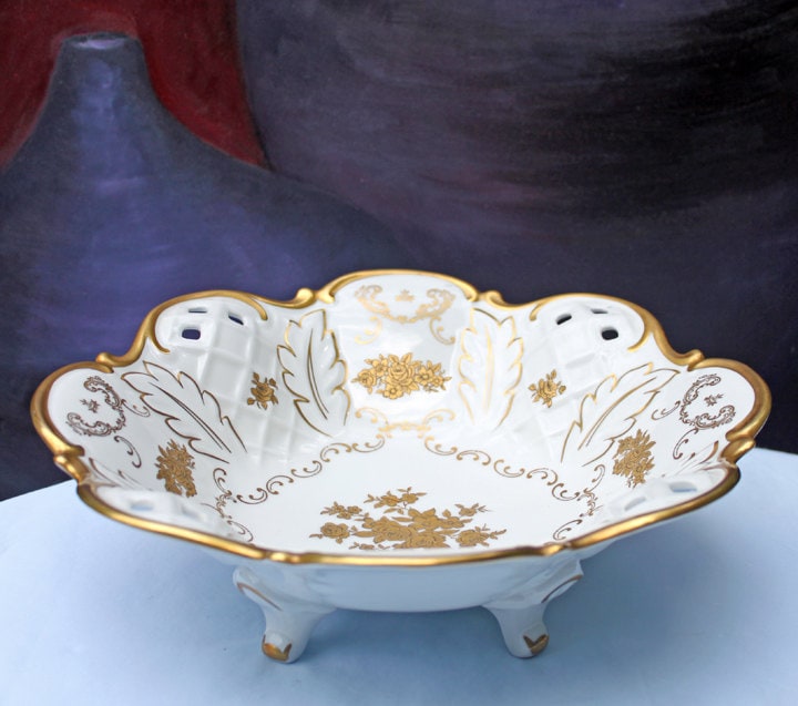 Bowl with Stand. Antique Intricate Hand Decorated Large Dish with Scalloped Rim and 22 Karat Gold Elements.