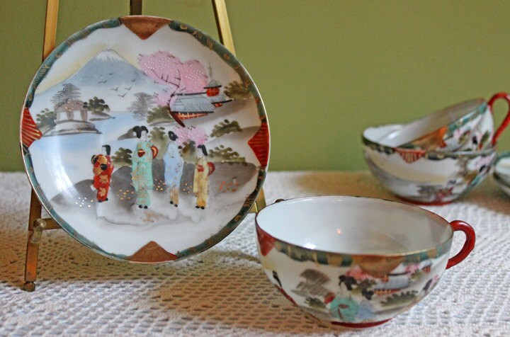 Antique Hand Painted Tea Cup. Asian Motif.  June Moth Pettern. Very Thin Porcelain. Collectible.