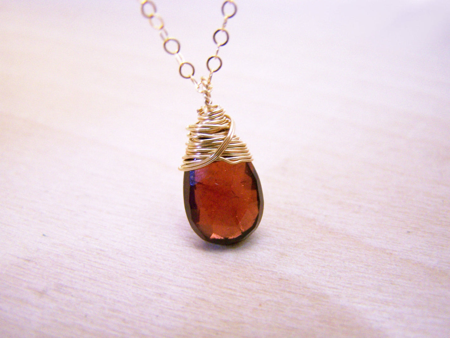 Garnet Gemstone Wire Wrapped Briolette Teardrop Necklace