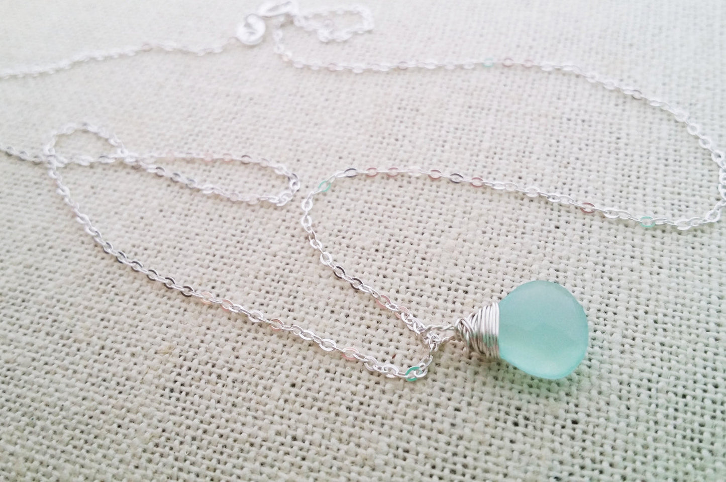 Aqua Chalcedony Teardrop Necklace – Sterling Silver Wire Wrapped Briolette Pendant