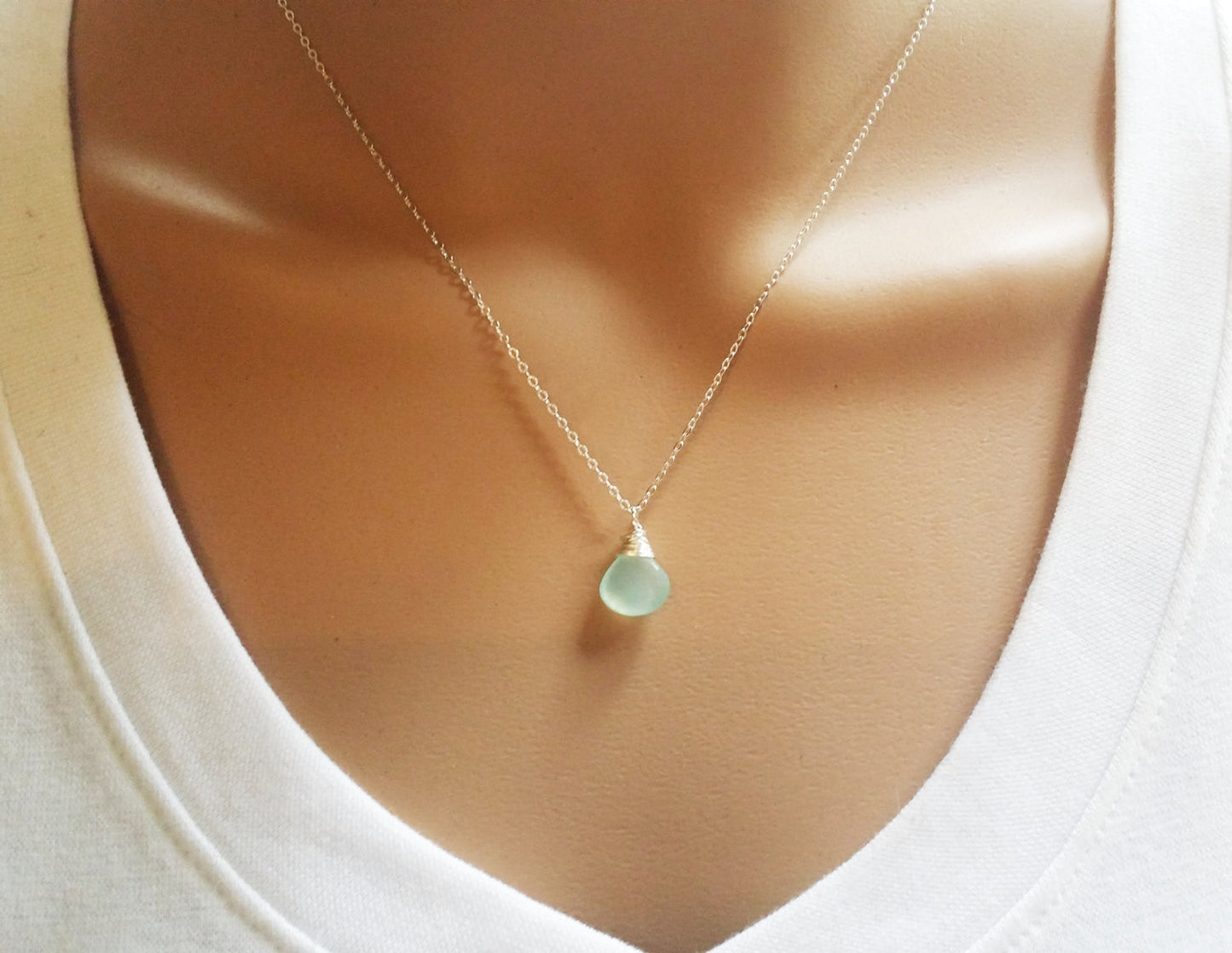 Aqua Chalcedony Teardrop Necklace – Sterling Silver Wire Wrapped Briolette Pendant
