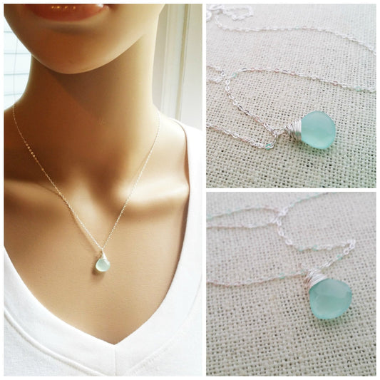 Aqua Chalcedony Teardrop Necklace – Sterling Silver Wire Wrapped Briolette Pendant