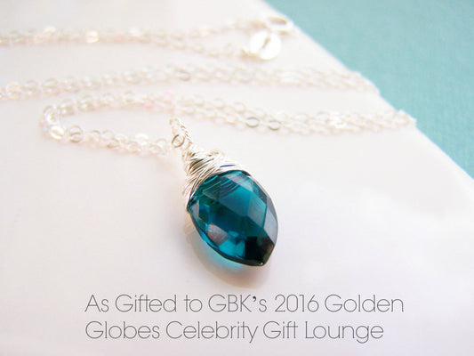 Teal Peacock Hydro Quartz Briolette Necklace, Sterling Silver - As Gifted at the Golden Globes