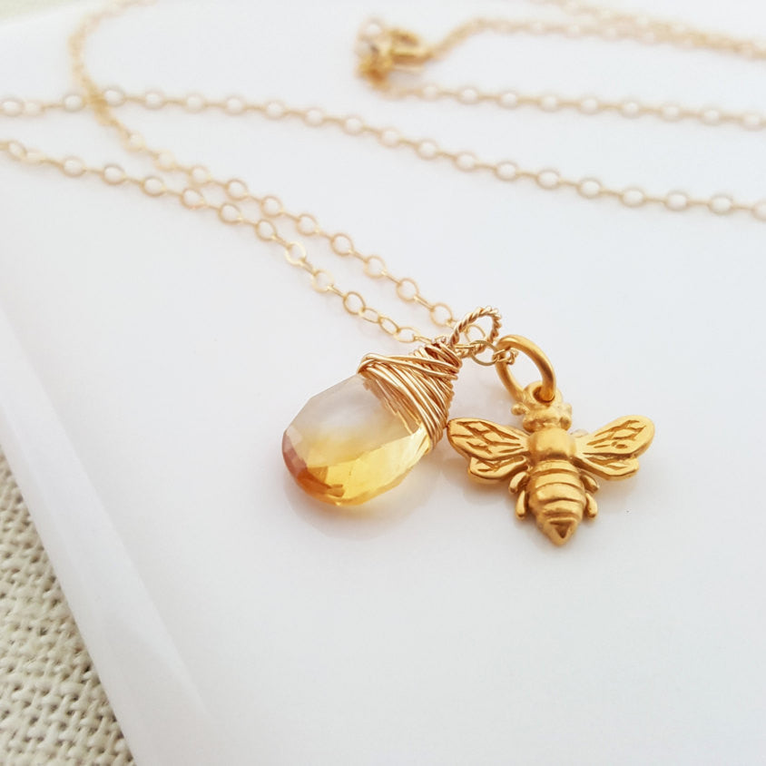 Bee & Drop of Honey – Citrine Necklace