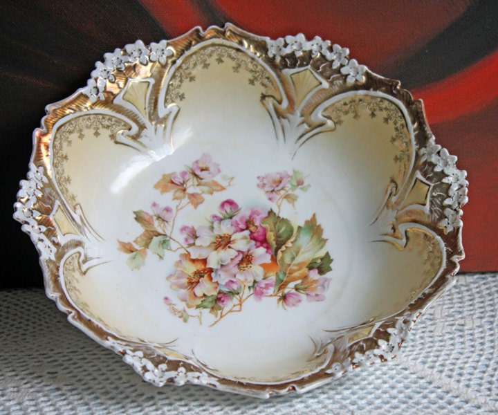 Antique Meissen Plate: Reticulated Hand-Painted Tea Rose Serving Platter