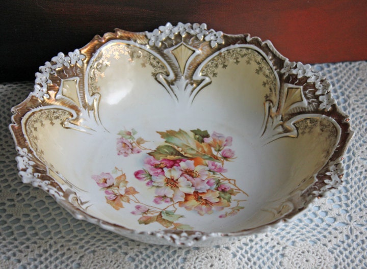 Bowl. Antique Porcelain Bowl by RS Prussia. Hand Painted Fine Porcelain Bowl with Wild Roses. Embossed Decoration, Scalloped Rim.