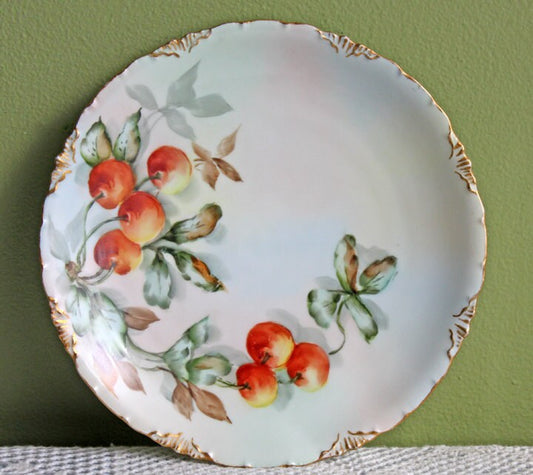 Decorative Plate with Hand Painted Cherries. 22 Karat Gold Rim Bavarian Porcelain by R.C. Versailles. Wedding Gift. Dining Room Decor.