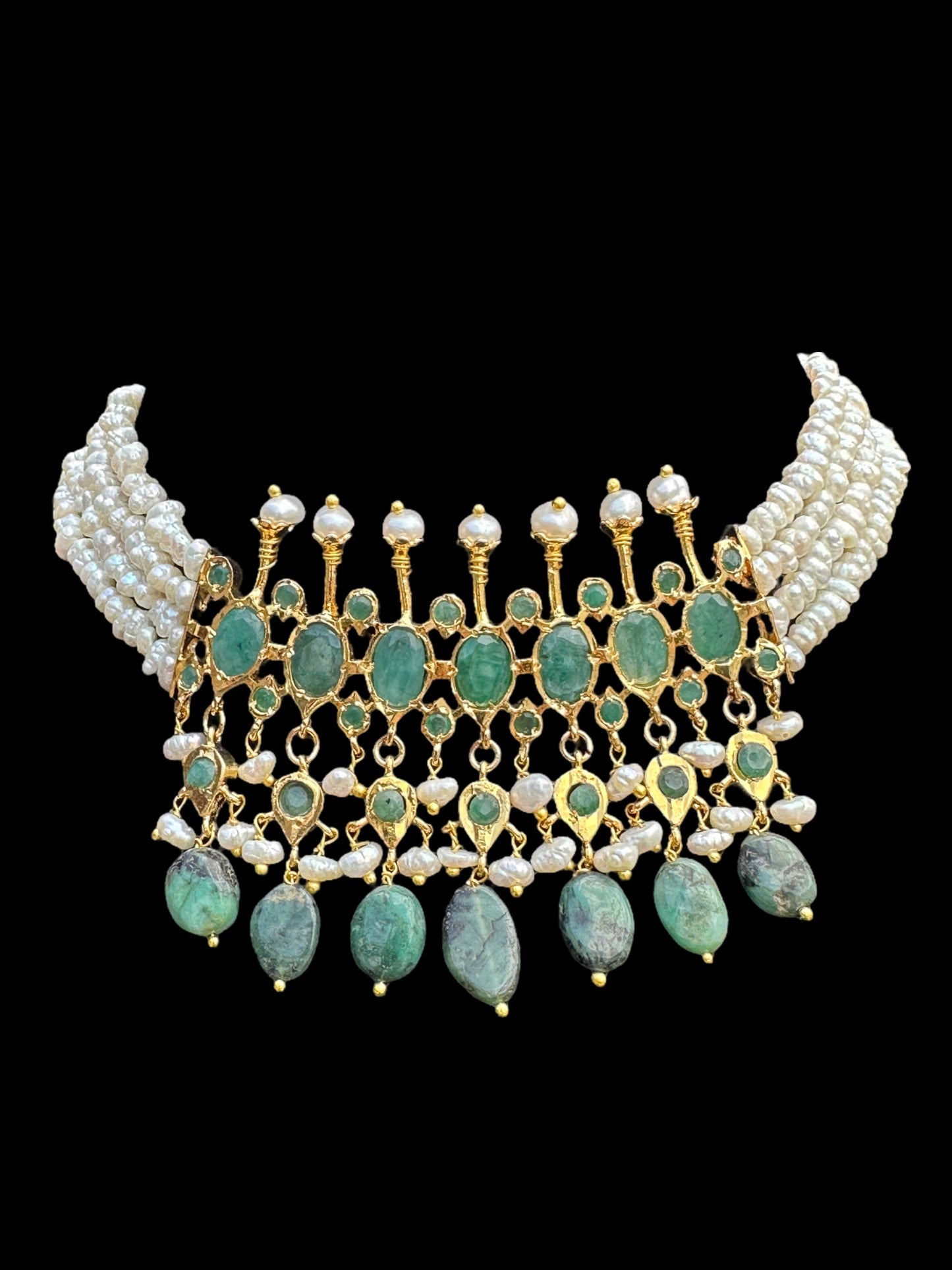 C242 Tirmani in choker style with jhumka  in fresh water pearls and emerald  (READY TO SHIP)