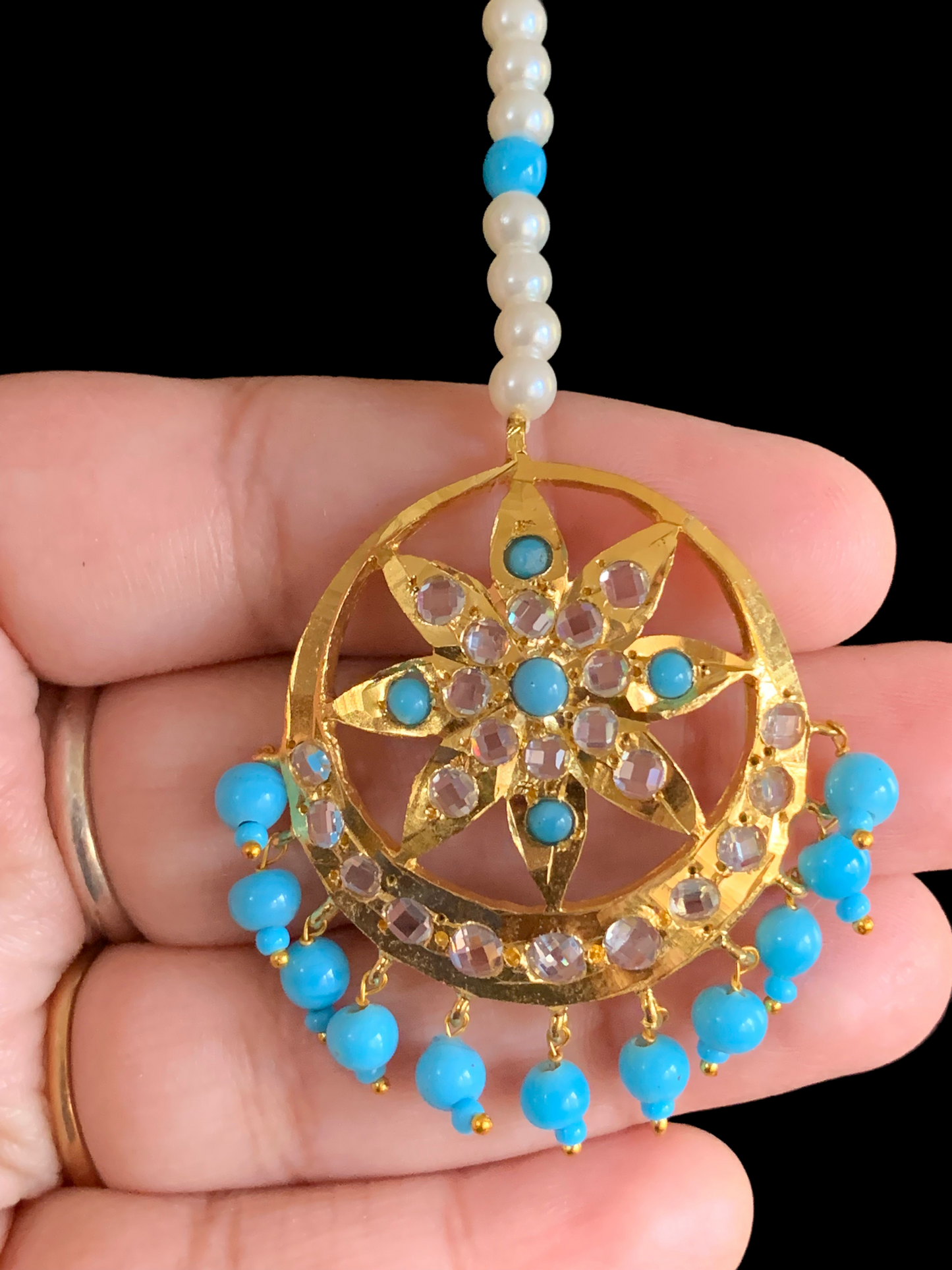 DJTK160 Akbari  tika in turquoise or Feroza  beads      (READY TO SHIP)