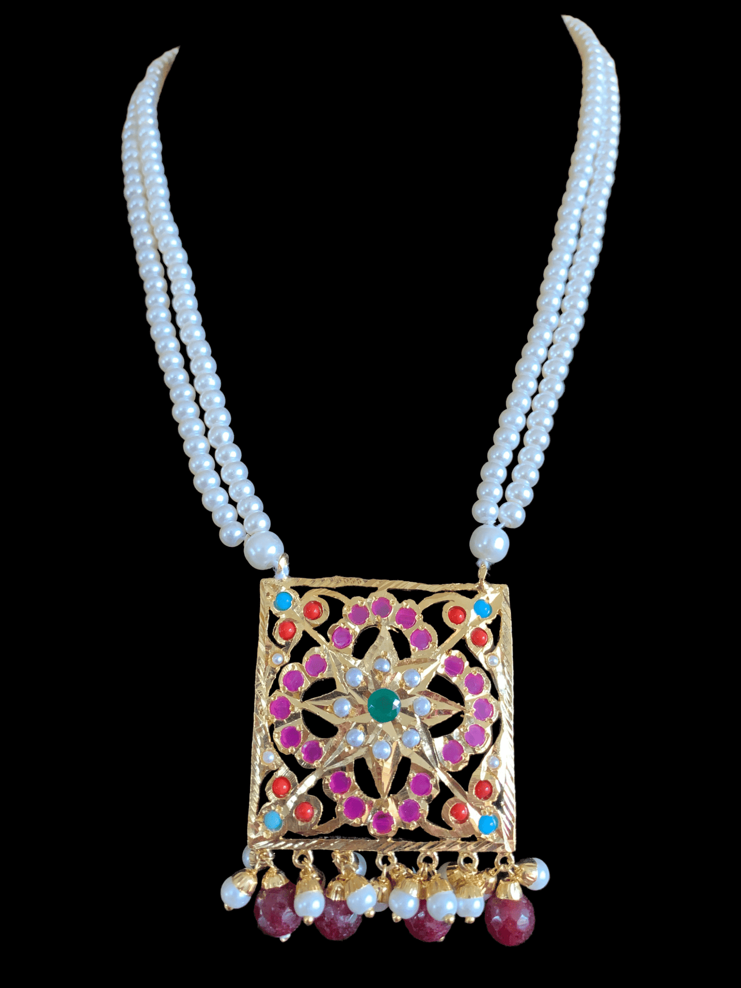 PS422 Navratan  jadau pendant set with jhumka ( READY TO SHIP)